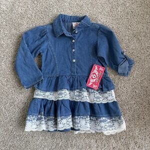 Vintage Real Love Dress Girls 4T Denim Tiered Lace Long Sleeve Shirt Dress